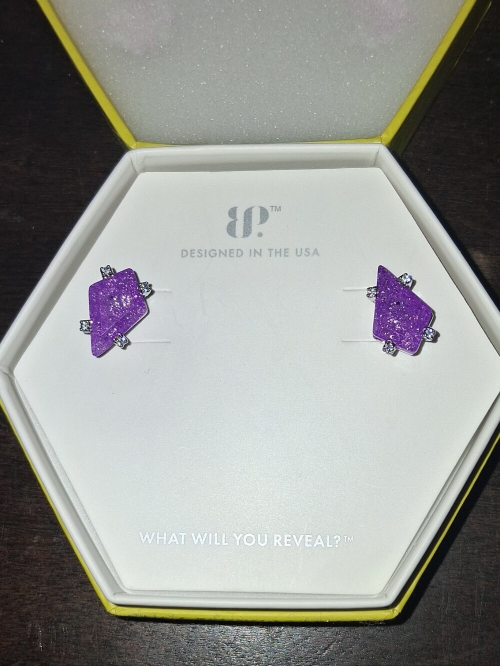 Purple Druzy Geometric Stud Earrings with Diamond And Silver Accents